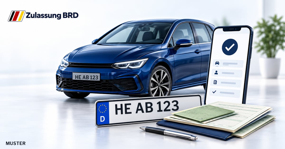 Online Fahrzeugzulassung in Lehre: Musterkennzeichen HE AB 123, Auto und Fahrzeugpapiere und Smartphone. Illustration mit Logo von Zulassung BRD.